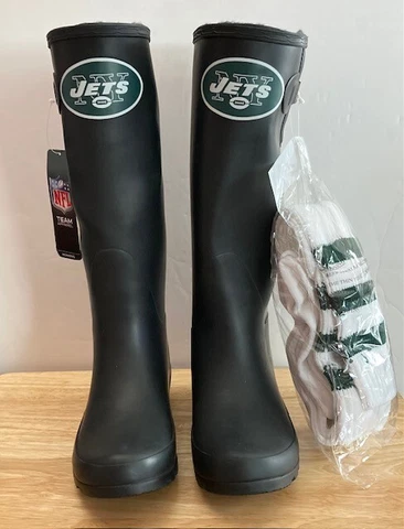 NEW YORK JETS Cuce Shoes NFL Official Black Rain Boots + Socks (Women's Size 8) Cover