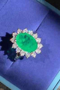 5.20 Ct Natural Emerald & Diamond Engagement Ring 14K Solid White Gold Size 5.5 - Picture 1 of 8