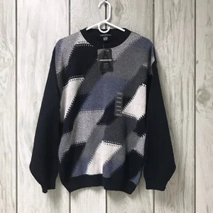 Consensus Men Navy Blue Multicolor Geometric Fair Isle Knit Crewneck Sweater M - Picture 1 of 4
