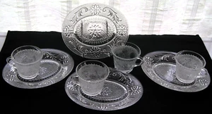 Tiara Indiana Glass 4 Clear Sandwich Snack Plate & Cup Sets - Picture 1 of 11