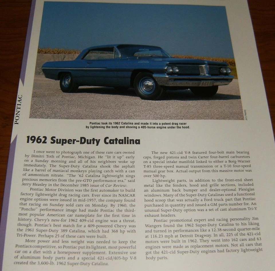 1962 PONTIAC CATALINA SUPER-DUTY SPECS INFO PHOTO 62 421 V8 T85 T10 LIGHT★★ - Image 1 of 1
