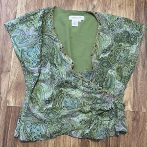 Blusa COLDWATER CREEK Seda Cuentas Estampado Floral Verde Y2K Años 90 Vintage Top - Imagen 1 de 4