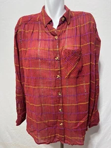 Free People Women XS Button Down Plaid Top Shirt Red Oversized - Picture 1 of 5