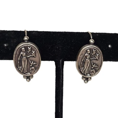 Vintage Greek Goddess Helen of Troy Sterling Silver Intaglio Cameo Coin Earrings - Image 1 of 4