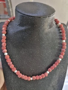 Stunning Natural Red Coral Beads & Genuine White Pearl Handmade 17.7" Necklace  - Bild 1 von 8
