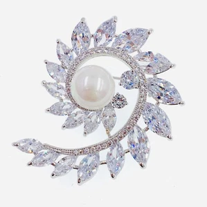 PEARL UNI BROOCH PIN use Swarovski Crystal Gemstone Wedding Bridal Silver #25 - Picture 1 of 8