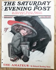 Original SAMSTAG ABEND POST UMSCHLAG Mädchen mit Schulbüchern ILLUSTRATION von 1909 - Bild 1 von 3