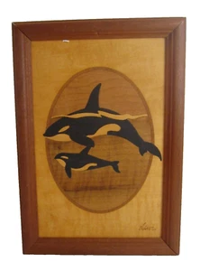 Cuadro de madera de marquetería enmarcado Jeff Nelson con incrustación de río Hudson ballena jorobada 7x9" - Imagen 1 de 3