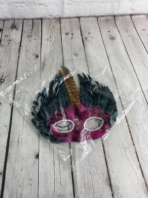 Mardi Gras Halloween Mask Masquerade Ball Pink, Green, Gold Feathers - Image 1 of 2