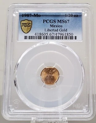 1987 1/20th Gold Onza Libertad Gem BU RARE COIN MEXICO PCGS MS67 Azteca  - Image 1 of 4