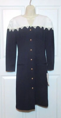 Vestido novo com etiquetas vintage anos 90 Leslie Fay Petite Collections 6 azul marinho com botão dourado frontal - Imagem 1 de 4