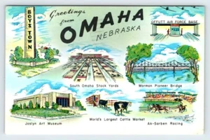 Tarjeta postal vintage de saludos desde Omaha Nebraska Atracciones AF555H - Imagen 1 de 2