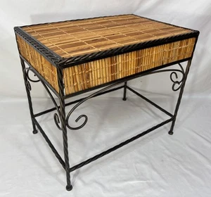 Vintage Bamboo Rattan Top & Wrought Iron Side Table Plant Stand Brushed Gilt - Picture 1 of 11