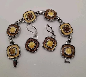 7 5/8" LIA SOPHIA Bracelet Silver Tone Brown Yellow Link Chain & Earring Set - Picture 1 of 5