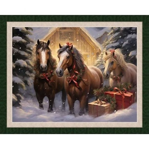 Urlaub Pferde Pferd und Weihnachtsgeschenke 36x44" Baumwollstoff Panel - Bild 1 von 1