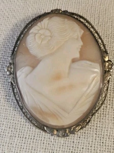 Antique 2" Large Carved Shell Cameo Brooch Pin Pendant Filigree Metal - Picture 1 of 6