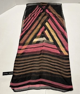 Bufanda transparente 100 % seda Ellen Tracy negra marrón rosa rectángulo geométrico LEER Foto 1 de 4