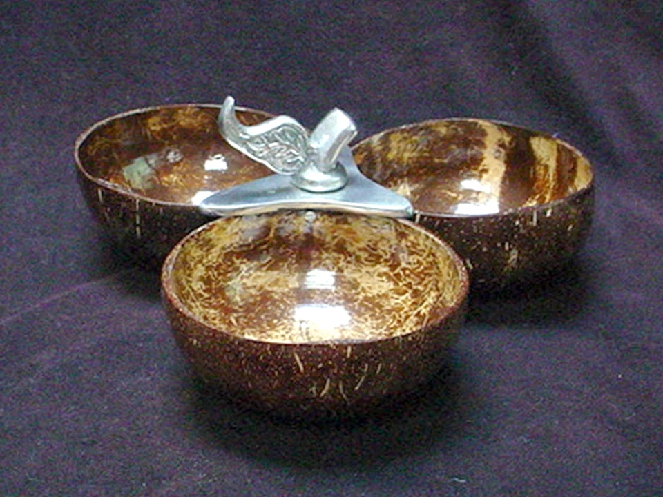 BANDEJA PARA SERVIR CON CÁSCARA DE COCO SECCIÓN DE 3 TAZONES NUECES DULCES BOCADILLOS REMATE DE HOJA DE METAL Foto 1 de 4