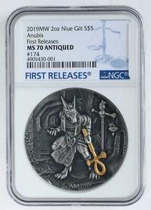 Niue 2019-MW Gilt Silver $5 Anubis NGC First Releases MS70 Antiqued 2 oz. Coin - Picture 1 of 2