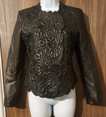 GIORGIO ARMANI Floral Embroidery Leather Jacket in Black - IT 44 / UK 12 - Image 1 of 4