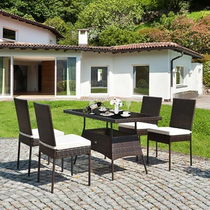 5PCS Rattan Patio Dining Table & Chair Set Outdoor Furniture Set w/ Cushion - Picture 1 of 10