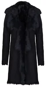 Black Ladies Women's Real Toscana Sheepskin Leather Suede Jacket Trench Coat - Picture 1 of 5