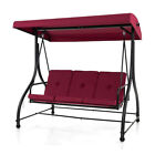 3 Seat Outdoor Porch Swing with Adjustable Canopy-Wine - Color: Wine