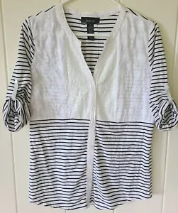 Style & Co. Camicia da donna a righe S manica a 3/4 con scollo a V e paillettes davanti - Foto 1 di 9