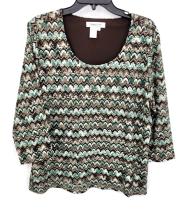 Top Coldwater Creek para mujer Plus 2X marrón verde Chevron tejido a rayas manga 3/4 Foto 1 de 4