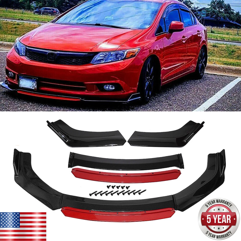 Glossy Black+Red Front Bumper Lip Splitter For 2013-15 9th Honda Civic Sedan SI - Image 1 of 4