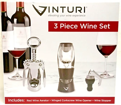 Juego de 3 vinos Vinturi. Aireador de vino tinto sacacorchos alado, tapón de vino nuevo en caja Foto 1 de 3