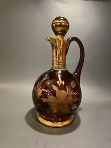 Rare Moser? Cut To Etched Glass Flower w/Gold Carafe with Stopper Czech Bohemian - Picture 1 of 12