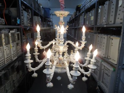 Vtg/Antique MEDIUM Italian White Gilded Chandelier Murano Style | Made Ceramic - Image 1 of 4