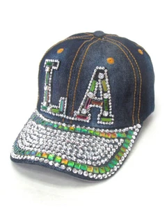 LA Los Angeles Women's Multi-color Rhinestone Bling Cap Hat denim ~NEW~ - Foto 1 di 2