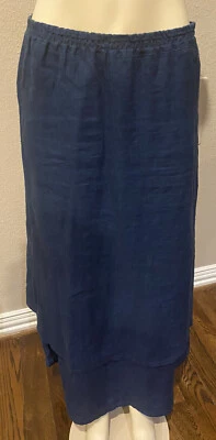 ESKANDAR sz 0 Black 100% Linen Two Layer Deep Blue Elastic Waist Distressed - Image 1 of 4