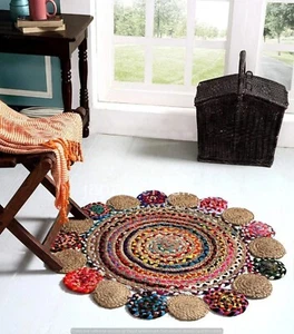 Designer Mulit Round Jute Rug Floor Area Rug Handmade Rug Braided Bathmat Rugs - Picture 1 of 3