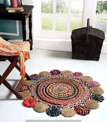 Designer Mulit Round Jute Rug Floor Area Rug Handmade Rug Braided Bathmat Rugs - Image 1 of 3