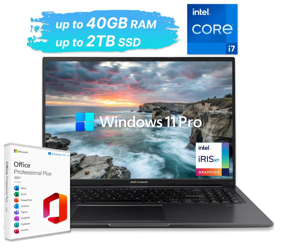 2024 ASUS Laptop Vivobook 16" 10-Core Intel i7 Up to 40GB RAM 2TB SSD Win 11 Pro - Image 1 of 4