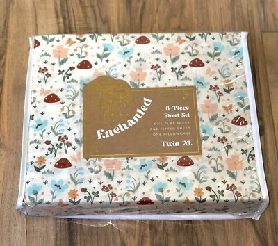 🍄 3-Pc Enchanted Pretty Mushrooms Red Twin XL Sheet Set Shabby Vintage Floral - Image 1 of 3