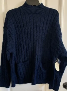 NWT St Johns Bay Women's Petite Sz PXXL Mock Neck Navy Blue Cable Knit Sweater - Picture 1 of 10