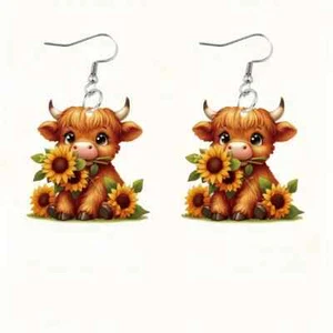 Lindos pendientes colgantes decoración girasol vaca. - Imagen 1 de 4