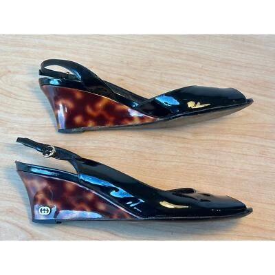 Vintage Gucci Vitello Vernice Wedge Sandals Tortoise Shell Print Size 7.5 B - Image 1 of 4
