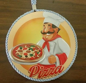 1 WALL ROUND PLAQUE w/cork back, 7 ", SMILING FAT CHEF WITH PIZZA - Picture 1 of 6