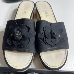 CHANEL Platform Sandals 39 Black Camella CC Logo Open Toe Clog Silver Charms - Picture 1 of 24