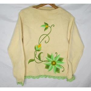 Russ Hand Embroidered Floral Wool Sweater Size S Made in Hong Kong Vintage 1960s - Picture 1 of 10
