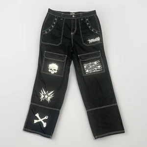 Hot Topic Gothic Black Cargo Pants Sz 11 Graphic Skull Barbed Wire Patch Grunge - Picture 1 of 9