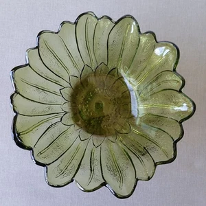 Indiana Glas Avocado Sonnenblume Lilie Pons Muster Glasschale 3"x7" Vintage MCM - Bild 1 von 8