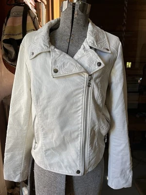 Desigual White Vegan Faux Leather Embroidered Biker Moto Jacket Size 42 EUC Med - Image 1 of 4