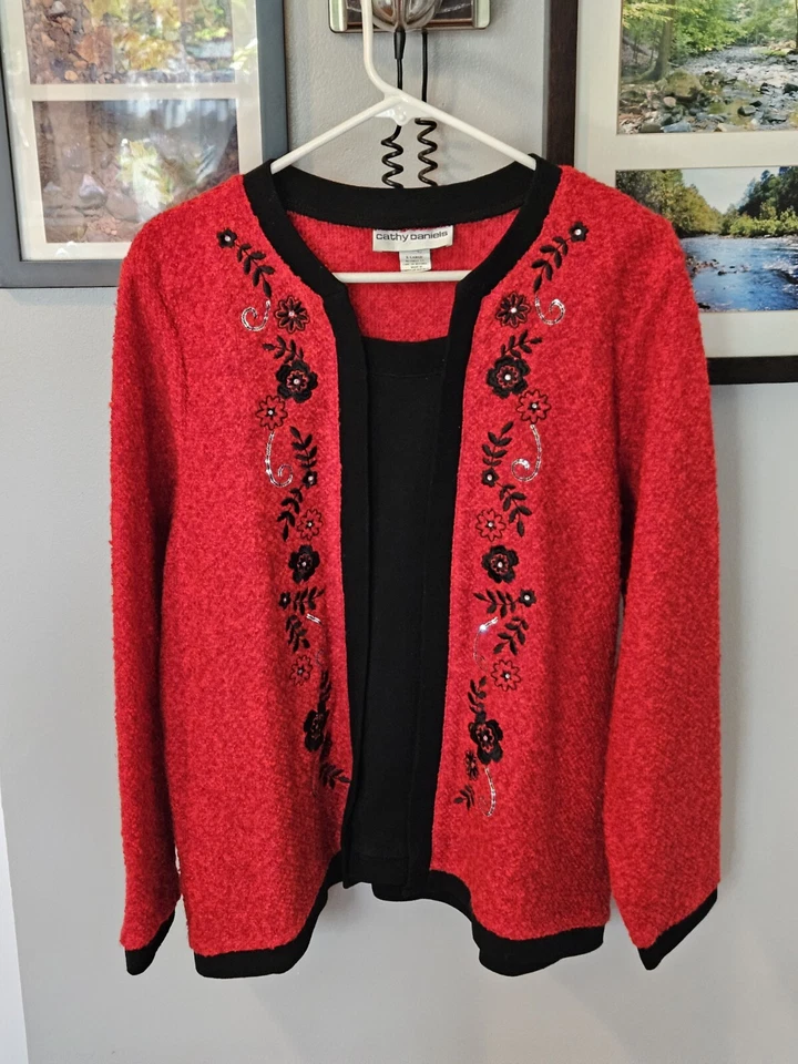 Cathy Daniels красный/черный женщин Sz XL два fer слой свитер вышивка блестки - Изображение 1 из 4
