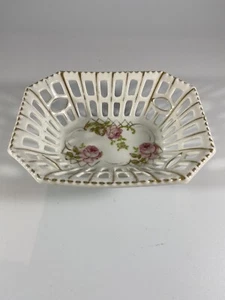 Vintage Schumann Dresden Netz Porzellan Schale, handbemalt Blumen Rosen - Bild 1 von 9